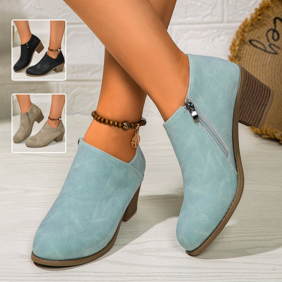 Chunky Heel Round Toe Ankle Boots With Side Zipper Design
 Fashion Fall Winter Short Boots For Women Shoes