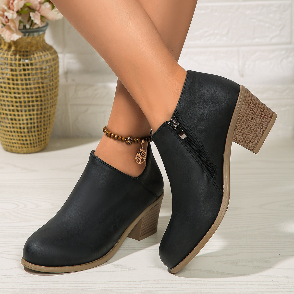 Chunky Heel Round Toe Ankle Boots With Side Zipper Design
 Fashion Fall Winter Short Boots For Women Shoes